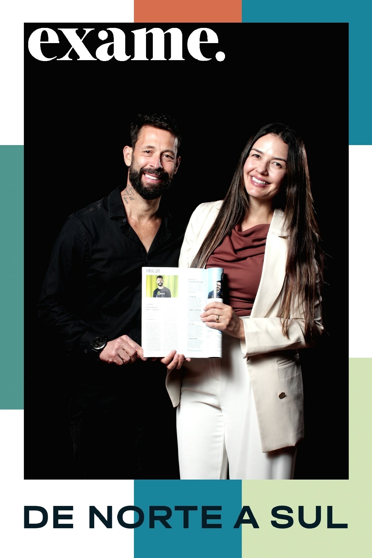 Rogério Sthanke e Thaísa Lemes, fundadores da 4Beach Gym, segurando a revista Exame